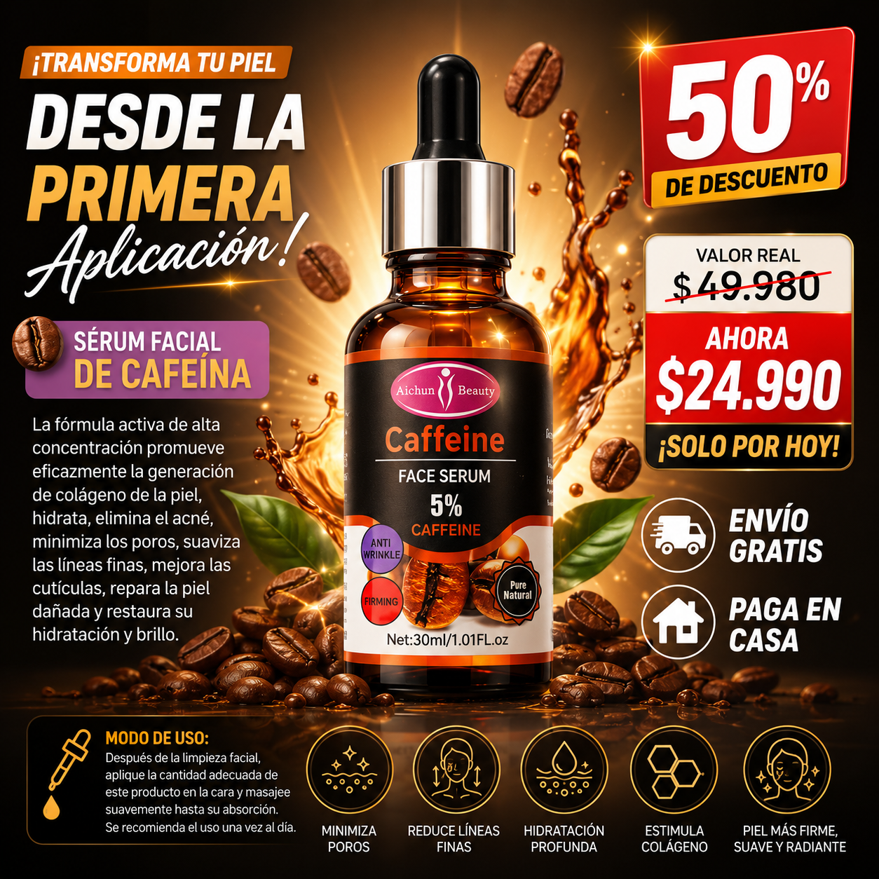 Sérum Facial de Cafeína 5% – Hidratante y Antienvejecimiento