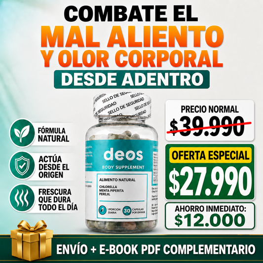 DEOS — Alimento natural en capsulas que combate el mal aliento, el olor axilar y el olor corporal desde adentro. Formula 100% natural.