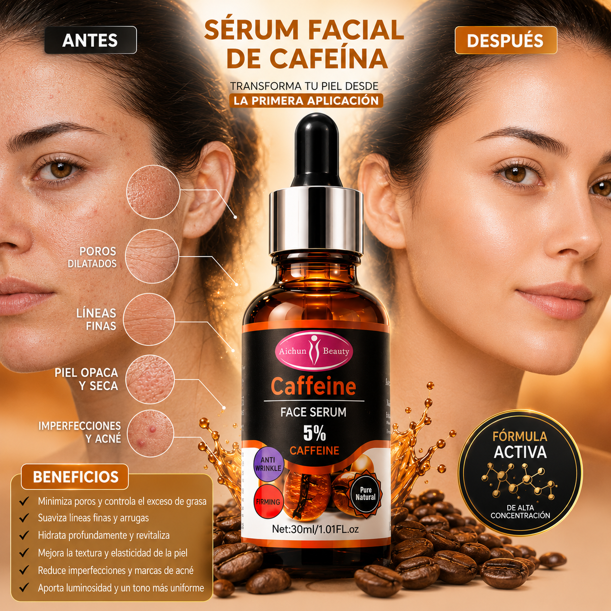 Sérum Facial de Cafeína 5% – Hidratante y Antienvejecimiento