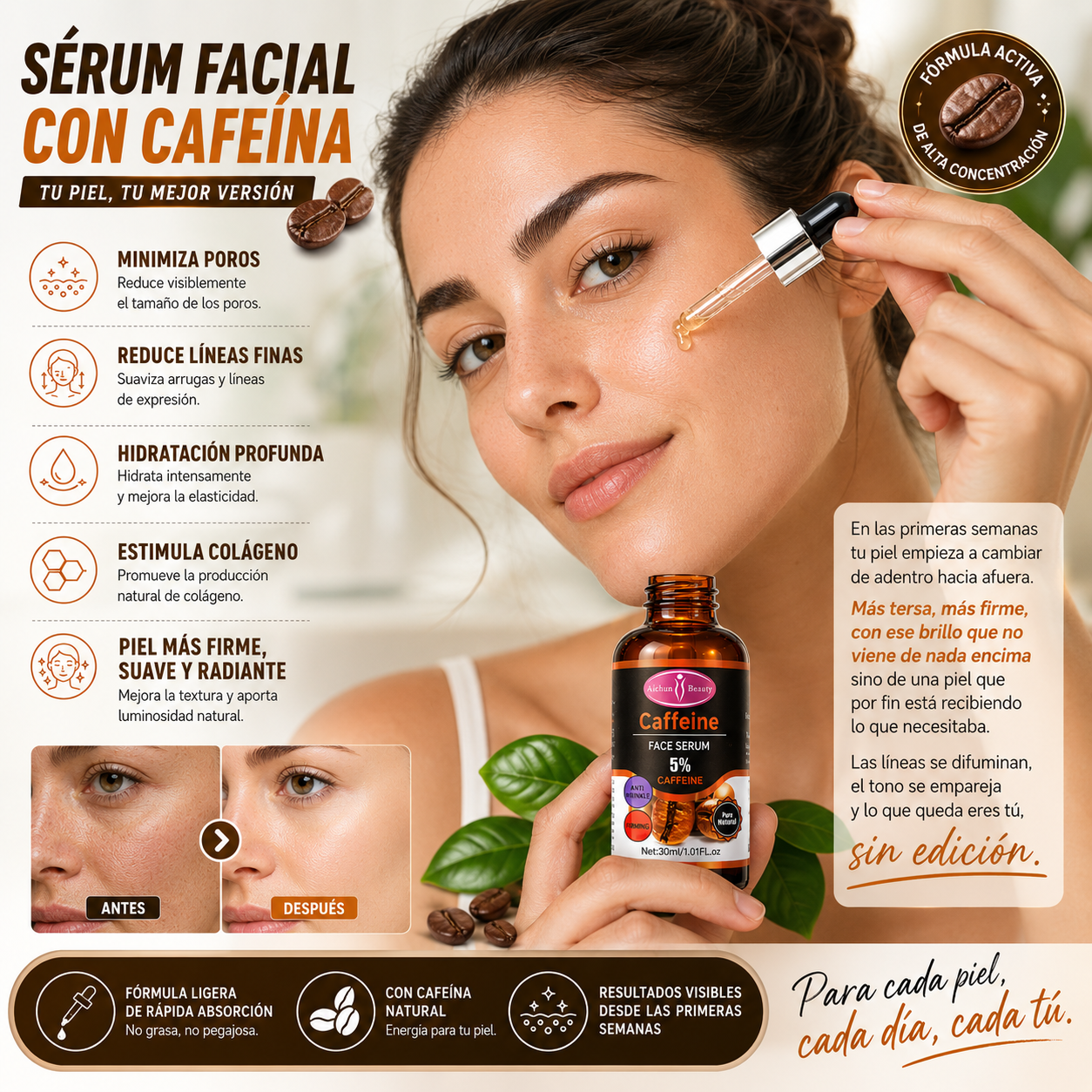 Sérum Facial de Cafeína 5% – Hidratante y Antienvejecimiento