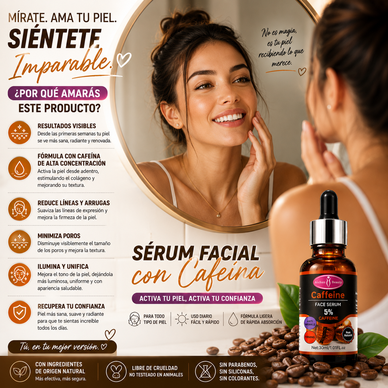 Sérum Facial de Cafeína 5% – Hidratante y Antienvejecimiento