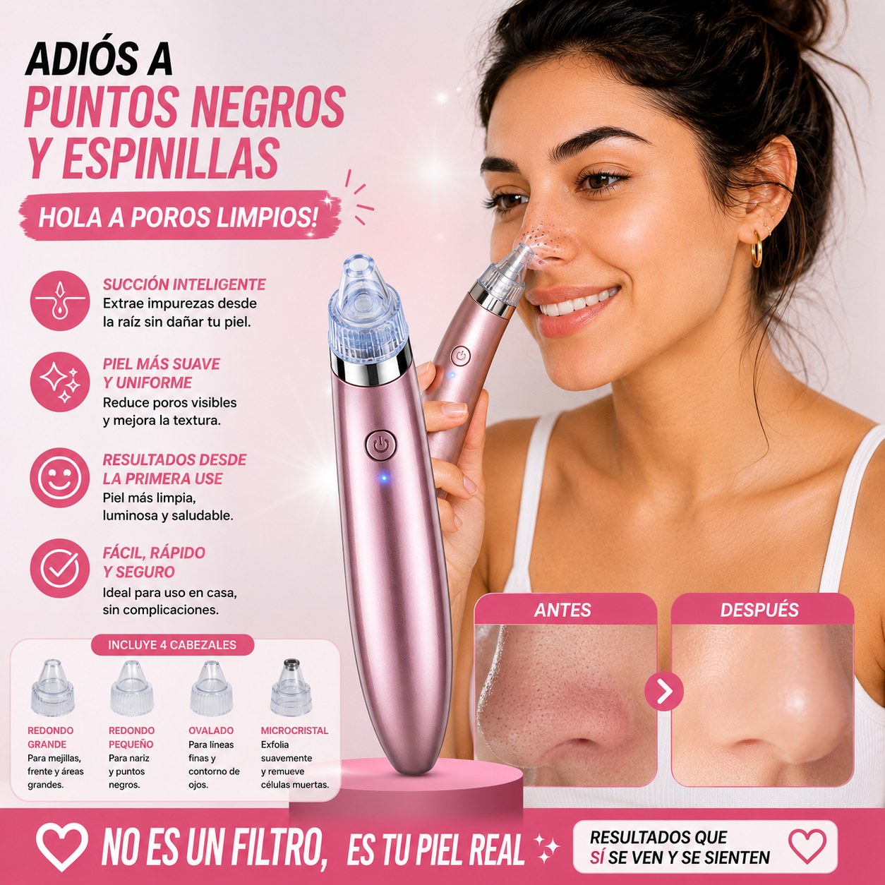 Mujer usando extractor facial puntos negros Aminel skincare