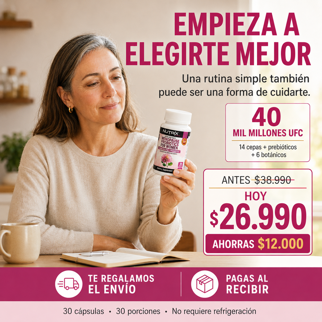 Mujer adulta tomando una decisión de autocuidado durante esta nueva etapa junto a Nutrix Pro Menopause Probiotics